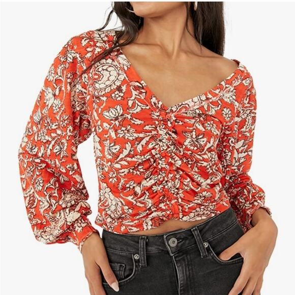 Free People Say The Word Floral Top Womens M Ruby Red Boho Ditsy Cottage Ruched - Picture 2 of 10